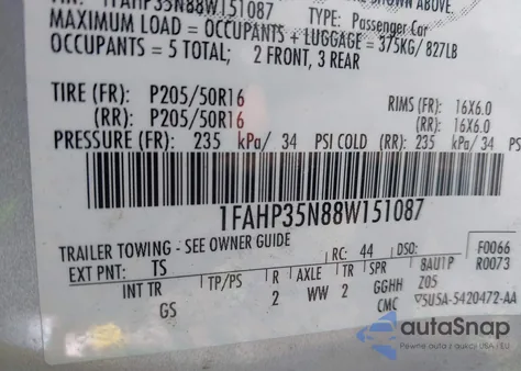 2008 Ford Focus Se/Ses z USA, uszkodzony, nr VIN 1FAHP35N88W151087